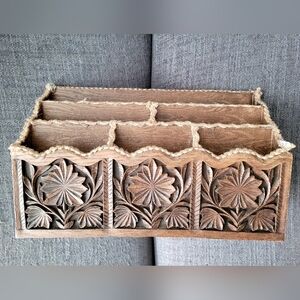 Vtg Lerner Caddy Handmade Carved Wood Desktop Letter Holder Mail Organizer 7x12